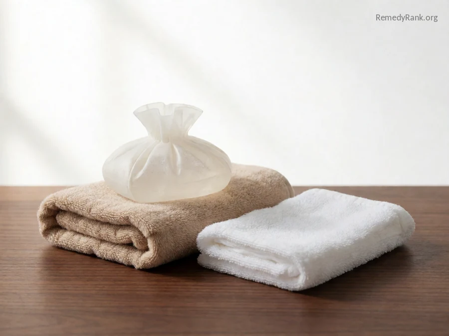 A folded cold damp cloth next to a small ice pack.