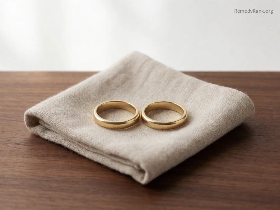 Two plain gold rings side by side in a small dish.