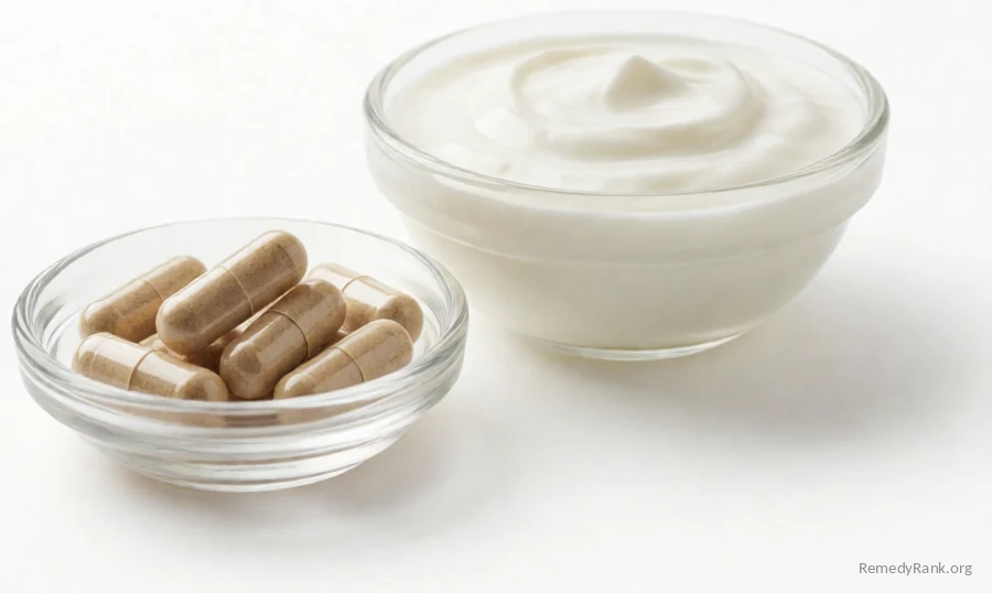 Acidophilus capsules in a glass dish beside a small bowl of plain yogurt.