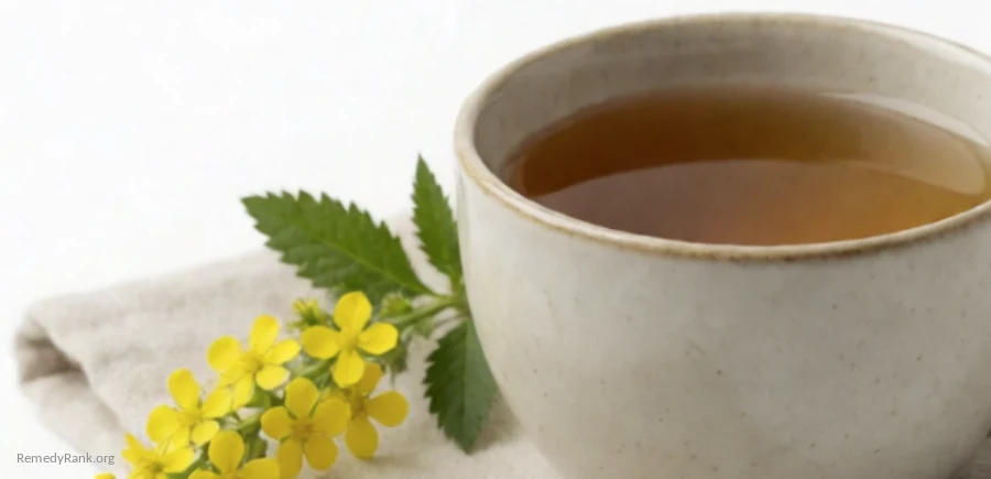 A spike of small yellow agrimony flowers beside a cup of amber tea.