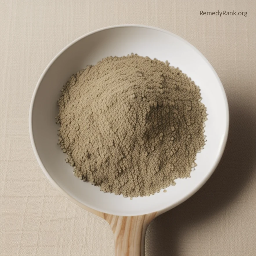 A small pile of tiny brown ajwain seeds resting in a wooden spoon on a linen cloth.