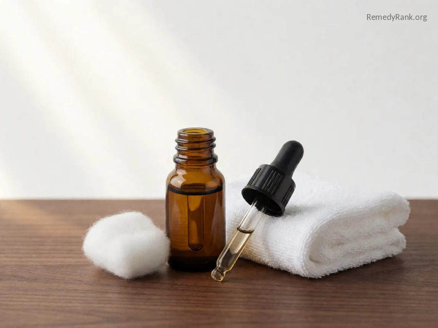 A small brown glass bottle of clear liquid with a dropper and a cotton ball.