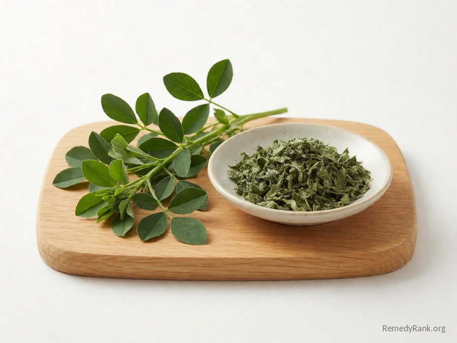 Fresh alfalfa leaves beside a dish of dried alfalfa tea leaf.