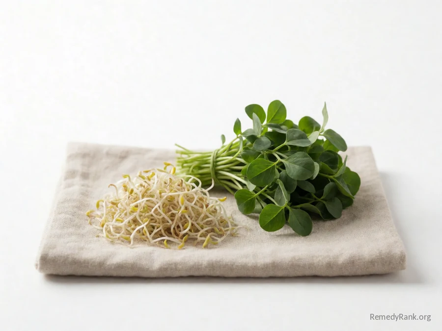 A handful of alfalfa sprouts beside a bundle of fresh alfalfa leaves.