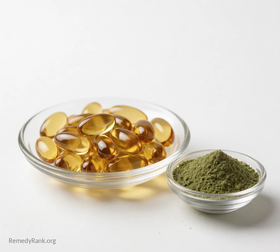 A small glass dish of amber softgel capsules resting beside a small dish of green algae powder.