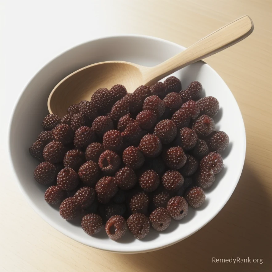 Dried brown allspice berries piled in a small wooden bowl beside a plain wooden spoon.