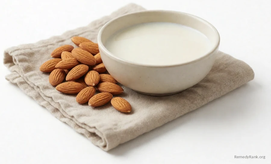 Raw almonds beside a pour of creamy almond milk.