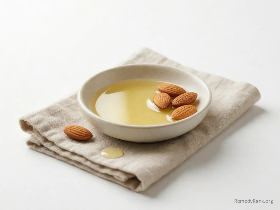 A small pour of pale golden almond oil beside whole almonds.