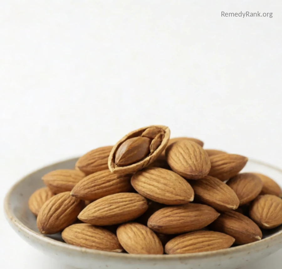 A ceramic dish holding a pile of raw almonds, some in cracked open shells.