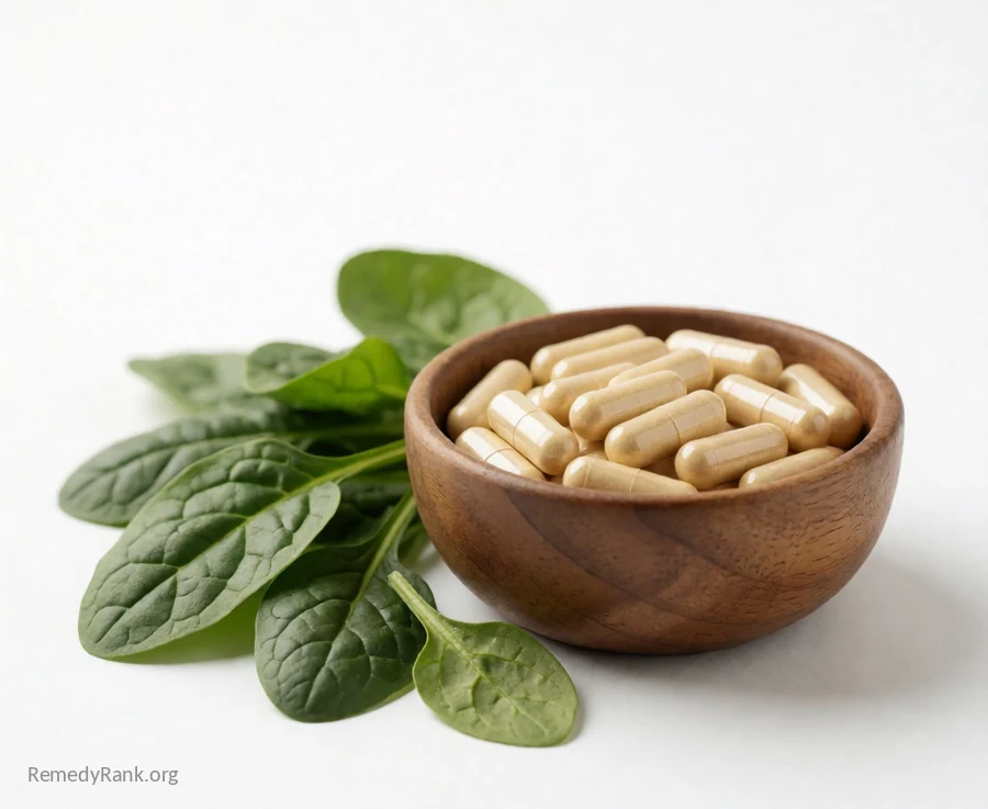 A small wooden bowl of pale yellow capsules resting beside a scattering of fresh spinach leaves.
