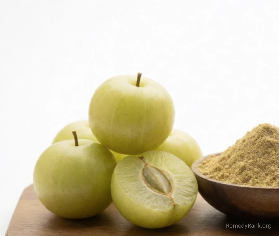 Whole and halved pale-green amla fruit beside a bowl of tan amla powder.