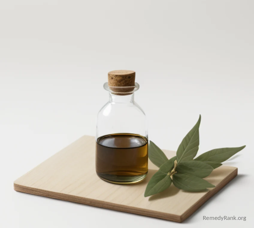 A small dark glass tincture bottle beside a scattering of dried green andrographis leaves on a wooden board.