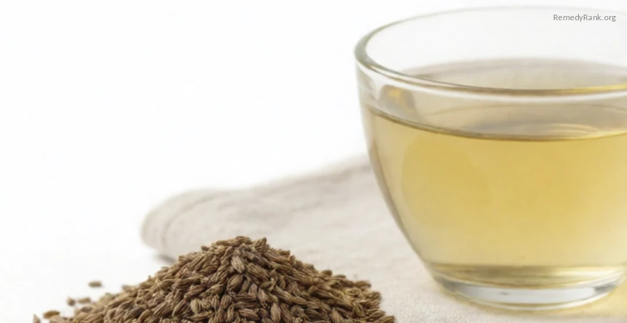 Small brown anise seeds beside a cup of pale golden tea.