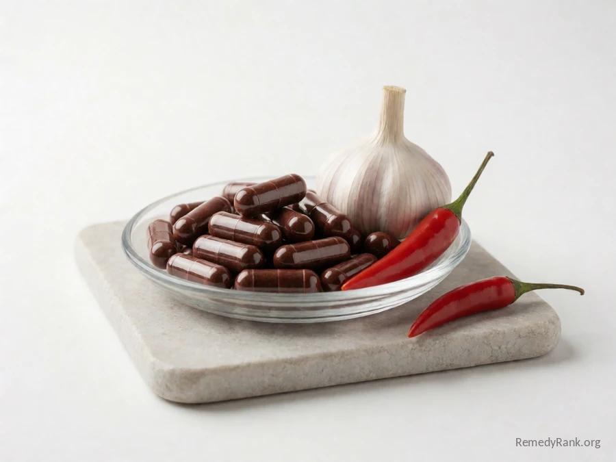 Dark reddish-brown herbal capsules beside a garlic bulb and a red chili pepper.