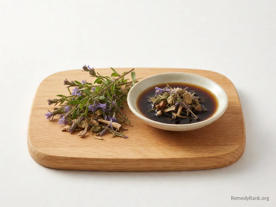 A mix of dried tincture herbs beside a dish of the dark herbal tincture.