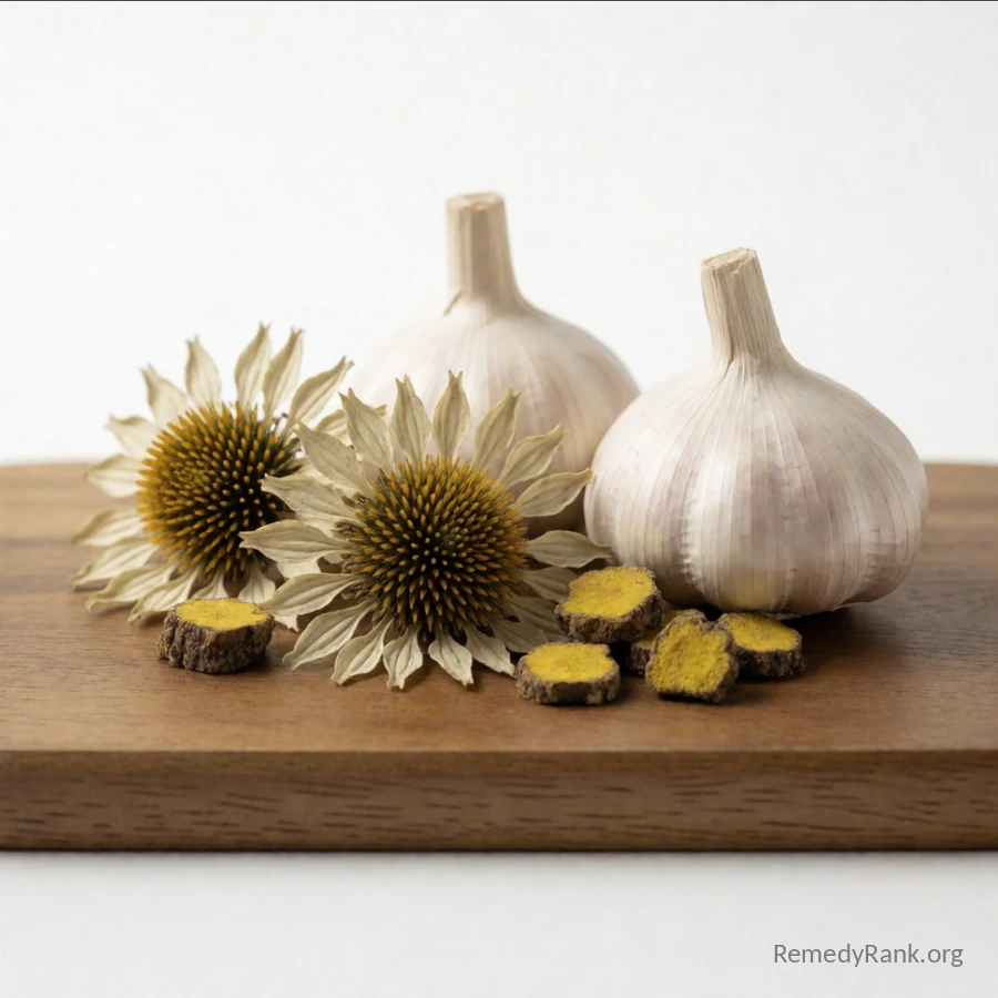 Garlic bulbs, dried echinacea flowers, and goldenseal root pieces are grouped together on a wooden board.