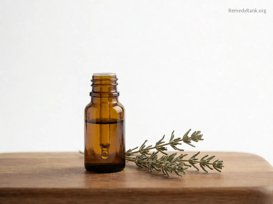 An amber tincture bottle with a dropper beside a few dried herb sprigs.
