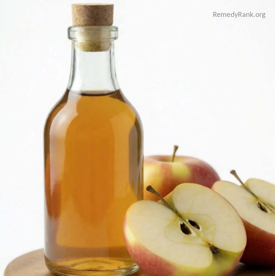 A glass bottle of amber apple cider vinegar next to two halved fresh apples on a wooden board.