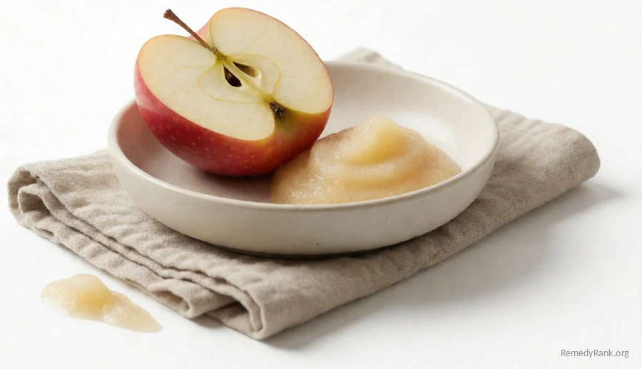 A halved red apple beside a small mound of applesauce.