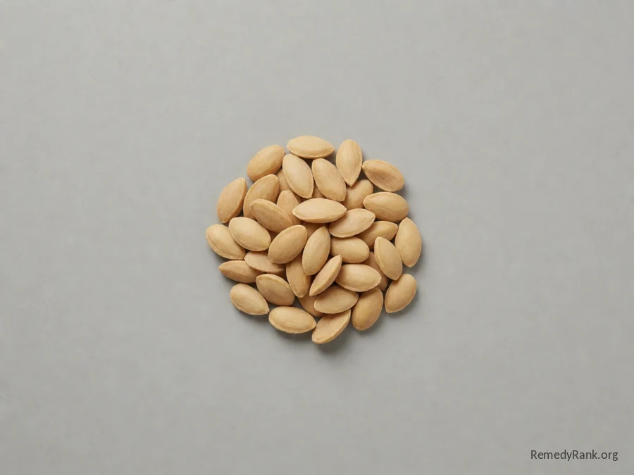 A small heap of pale brown apricot kernels, photographed plainly on a neutral grey background.
