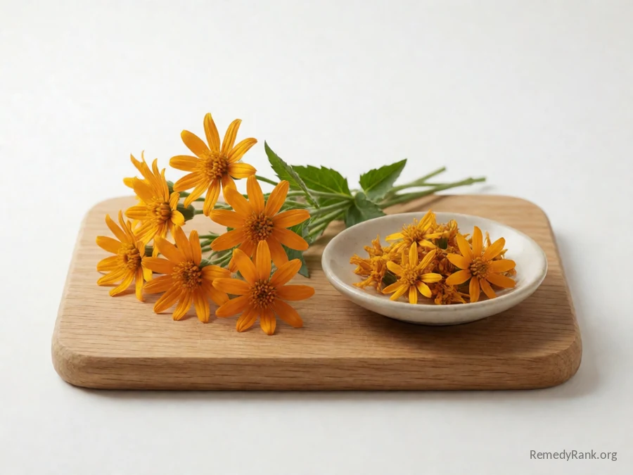 Fresh arnica flowers beside a dish of golden arnica oil.