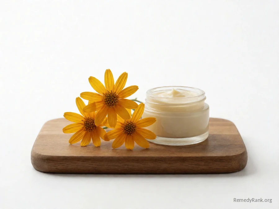 Yellow-orange arnica flowers beside a small jar of arnica cream.