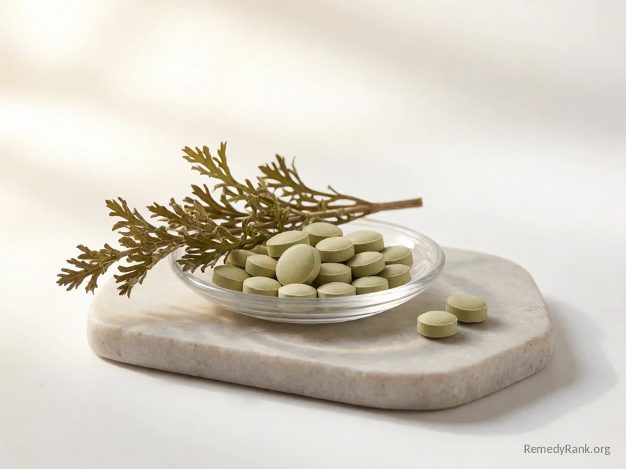 Small pale green tablets beside a sprig of dried wormwood leaves.