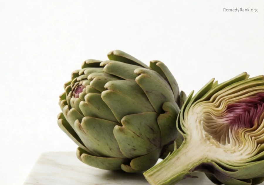 A whole globe artichoke beside a halved artichoke heart on a marble slab.