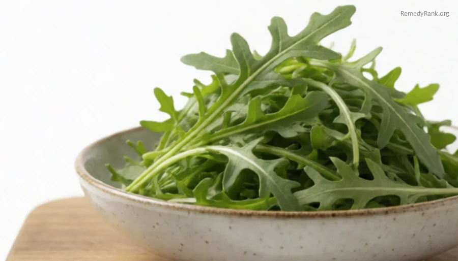 Fresh arugula leaves in a ceramic bowl on a wooden board.