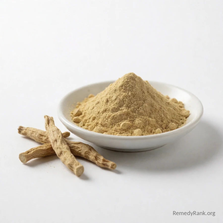 A dish of fine tan ashwagandha root powder next to a few dried root pieces.