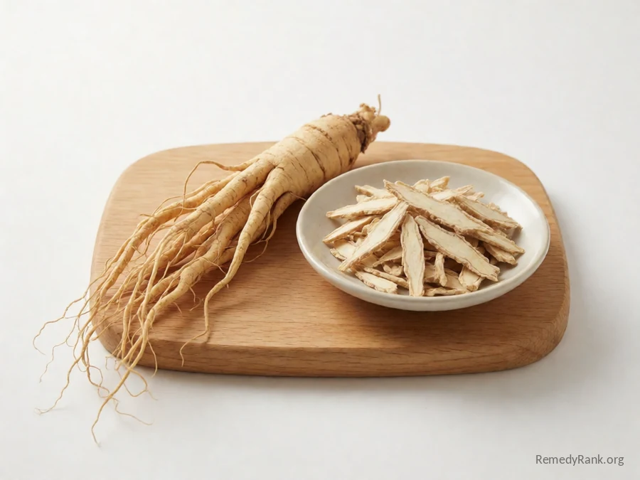 A whole Asian ginseng root beside a dish of dried sliced root.