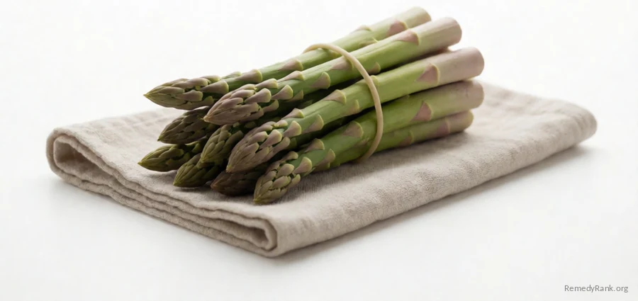 A tied bundle of fresh green asparagus spears on a linen cloth.