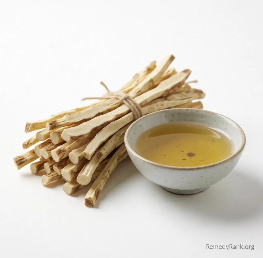 Flat, pale sliced astragalus root sticks are bundled beside a small bowl of golden broth.