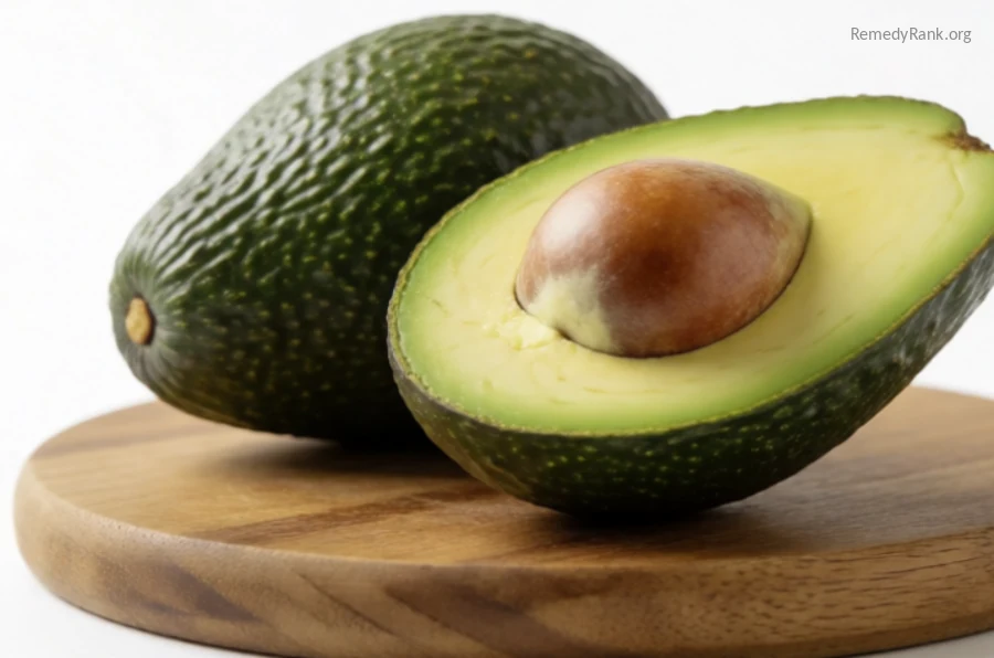 A ripe avocado halved to reveal its pit rests beside a whole avocado on a wooden board.