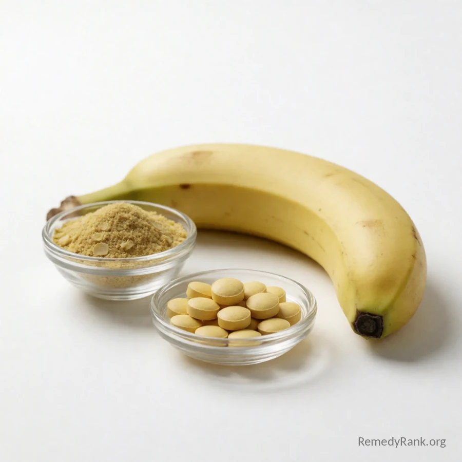 A glass dish of yellow B-complex tablets sits beside a small bowl of nutritional yeast flakes and a ripe banana.