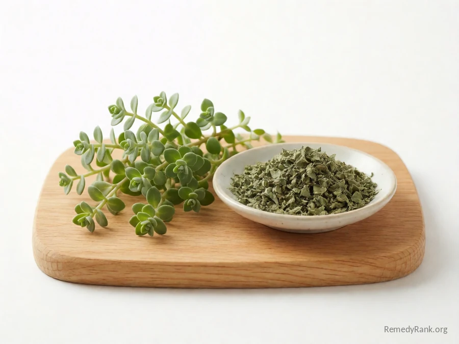 Fresh bacopa leaves beside a dish of dried bacopa leaf.