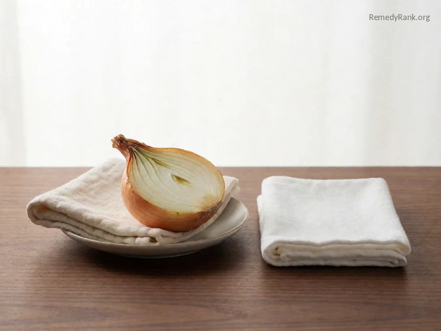 A halved baked onion on a small plate next to a folded cloth.