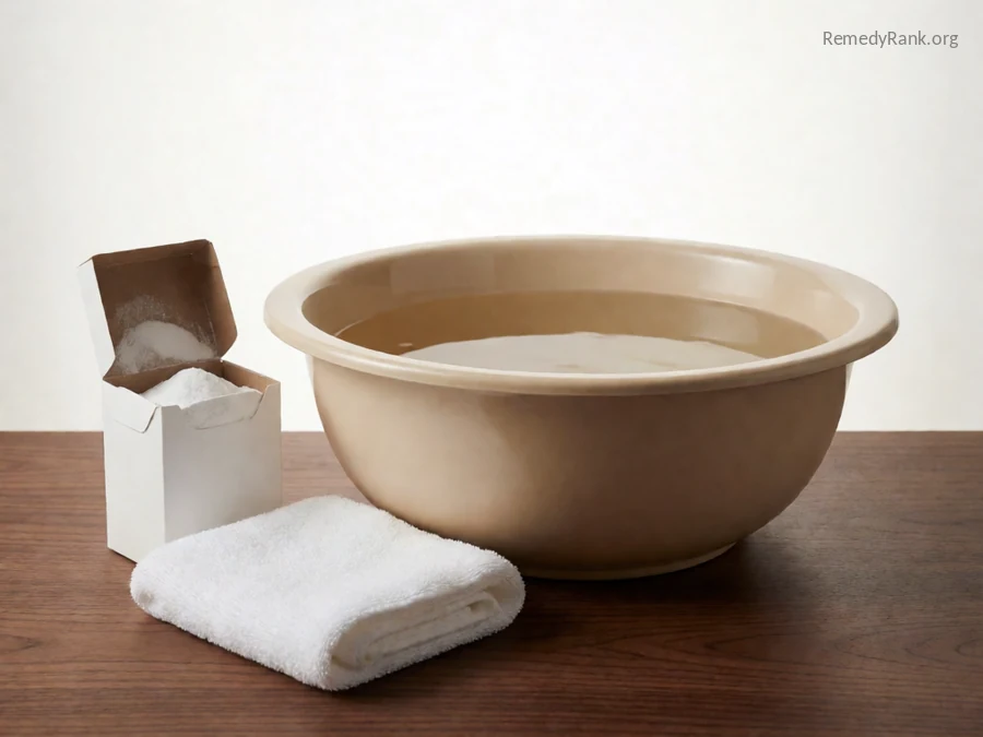 A basin of warm water next to an open box of baking soda.