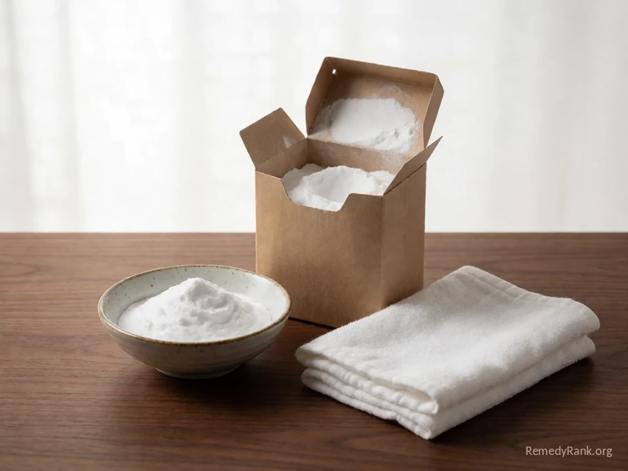 A small bowl of white paste next to an open box of baking soda.