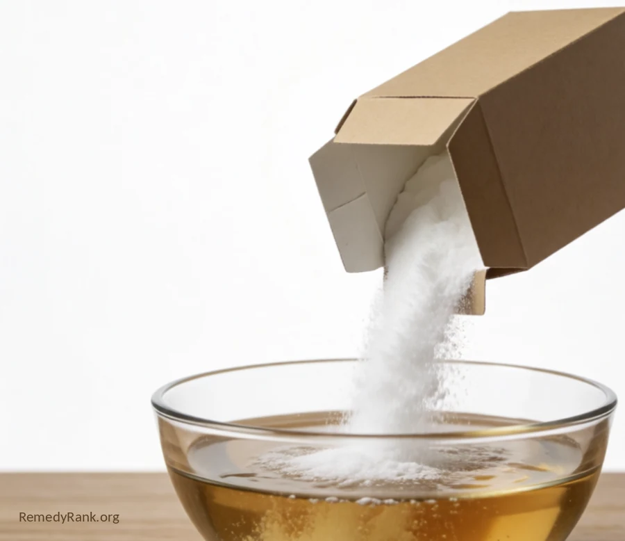 An open box of baking soda pouring into a glass bowl of warm water.