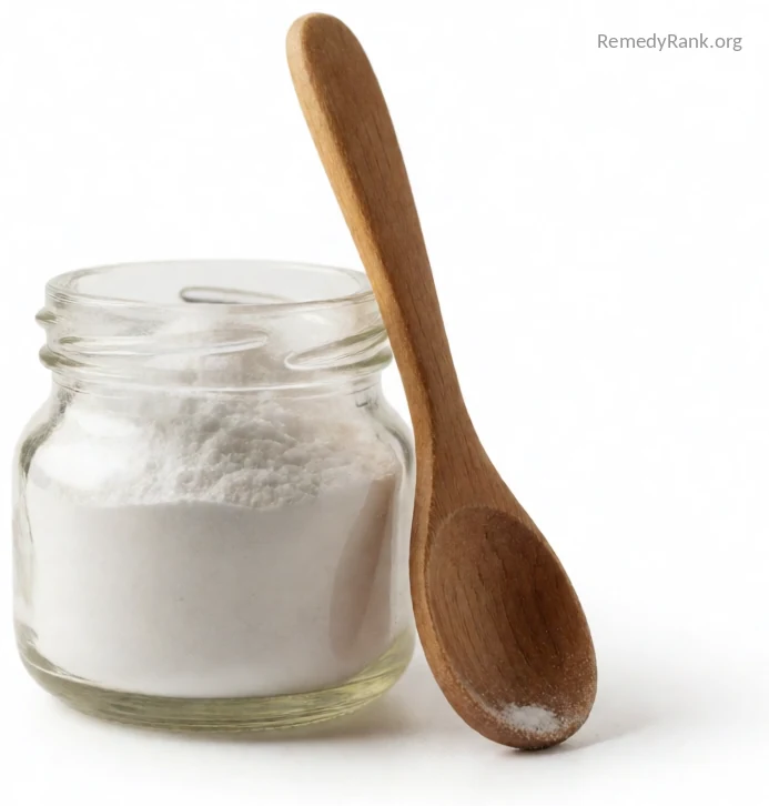 A glass jar of white baking soda powder with a wooden spoon beside it.
