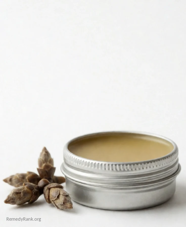 A small tin of amber balm of gilead salve resting beside a few sticky brown poplar buds.