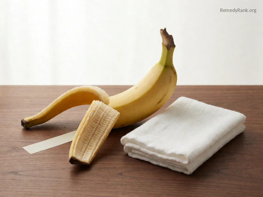 A fresh banana peel curled inner-side up next to a strip of tape.
