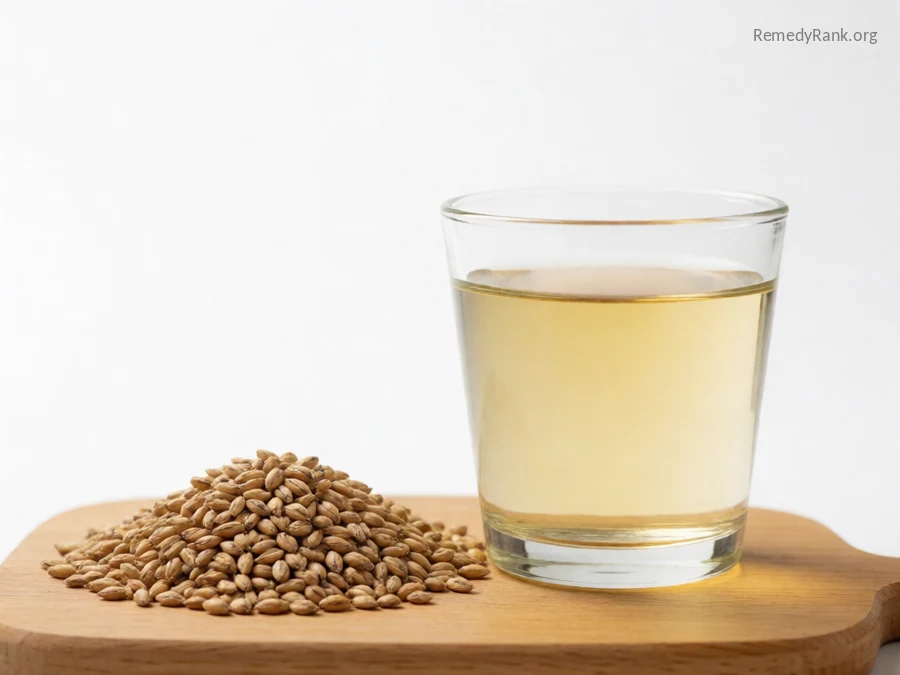 Whole barley grains beside a glass of pale golden barley water.