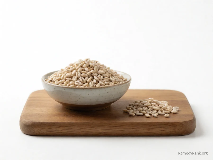 Whole pearl barley grains in a ceramic bowl on a wooden board.