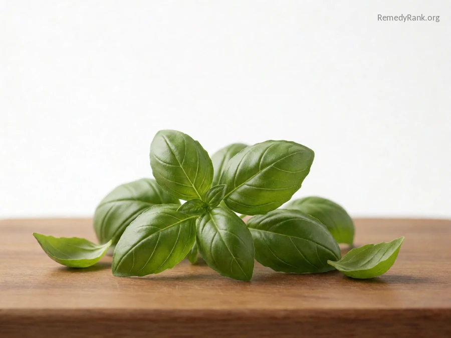 A bunch of fresh green basil leaves on a wooden board.