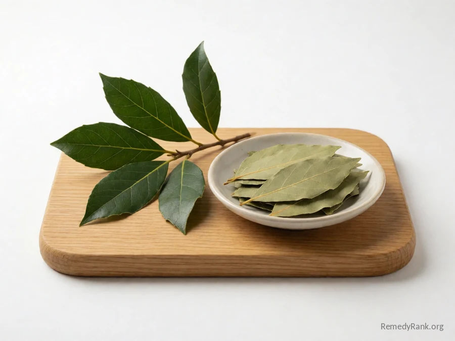 Fresh glossy bay leaves beside a dish of dried bay leaves.