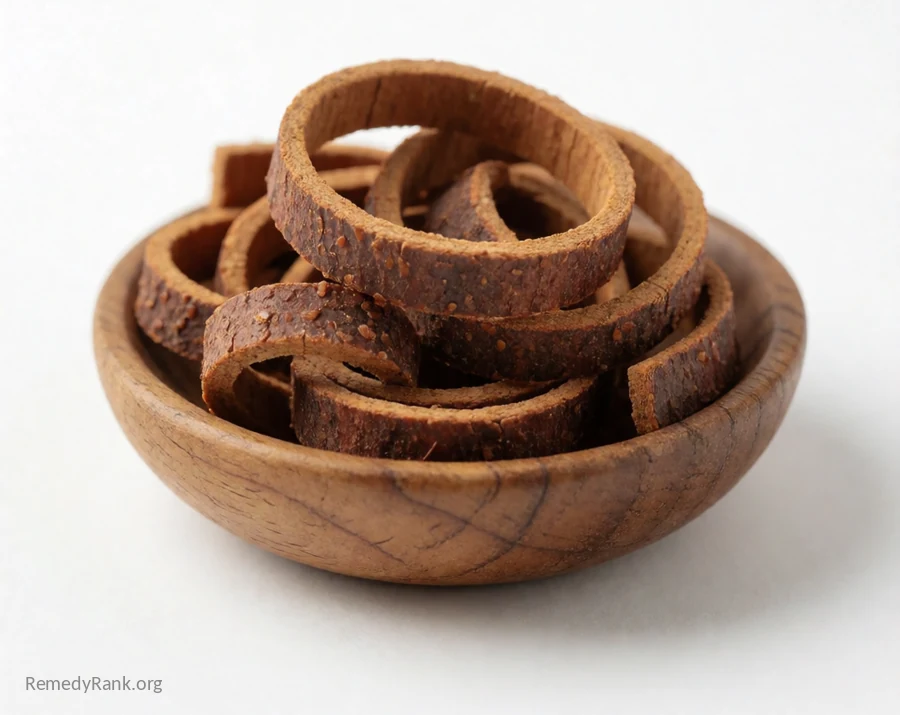 Curled strips of reddish-brown bayberry bark piled in a small rustic wooden bowl.
