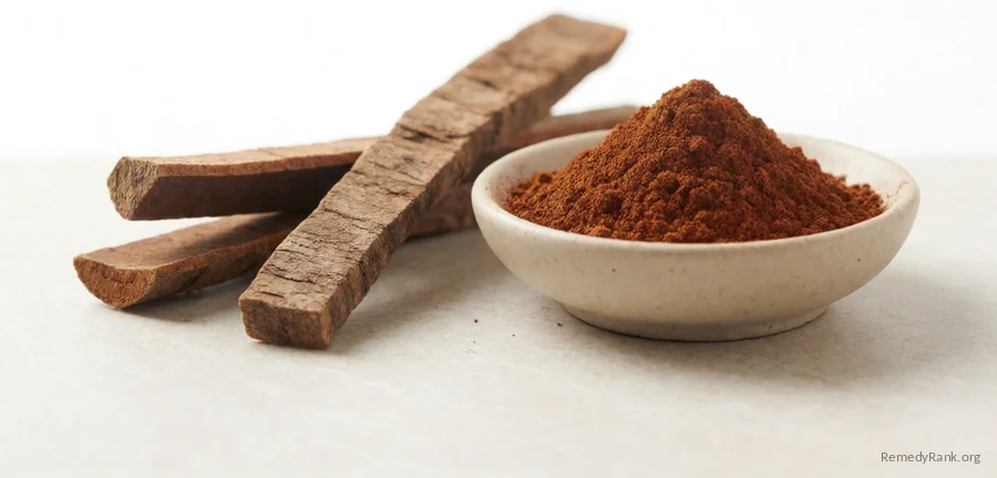 Strips of brown-gray bayberry root bark beside a bowl of reddish powder.