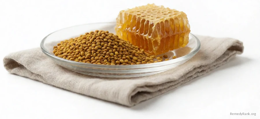 Golden bee pollen granules in a glass dish beside a piece of honeycomb.